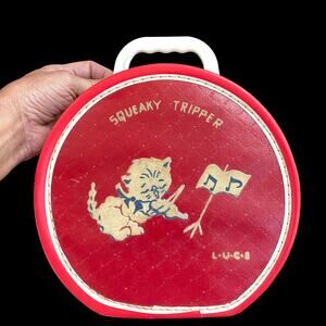 Vintage Luce Doll Case Squeaky Tripper Red White Flocked Kitten Cat Travel READ